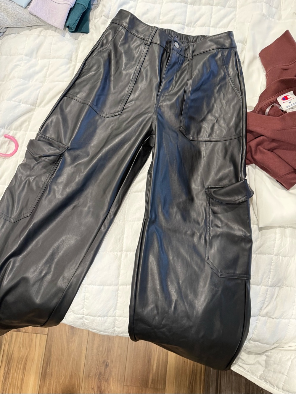 Black Faux Leather Cargo Pants - Women